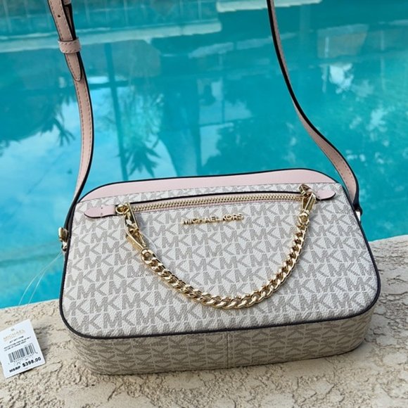 Michael Kors Jet Set Item Large East West Zip Chain Crossbody Powder Blush Multi - Picture 2 of 16